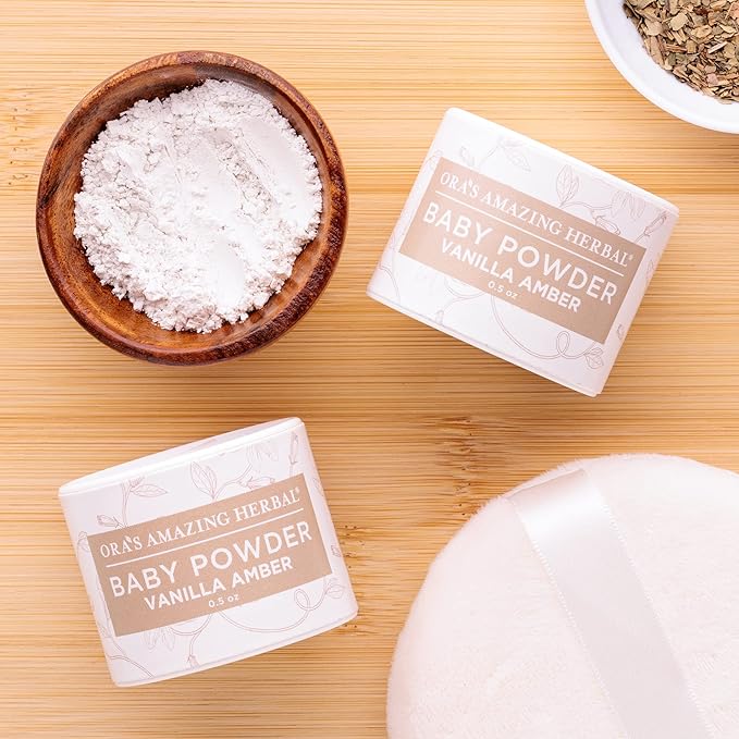 Baby Powder Talc-Free, Real Vanilla Amber Natural Scent, Cornstarch Free Arrowroot and Clay Based Powder, Synthetic Fragrance Free, Ora's Amazing Herbal, Pack of 2 Travel Size 0.5 oz