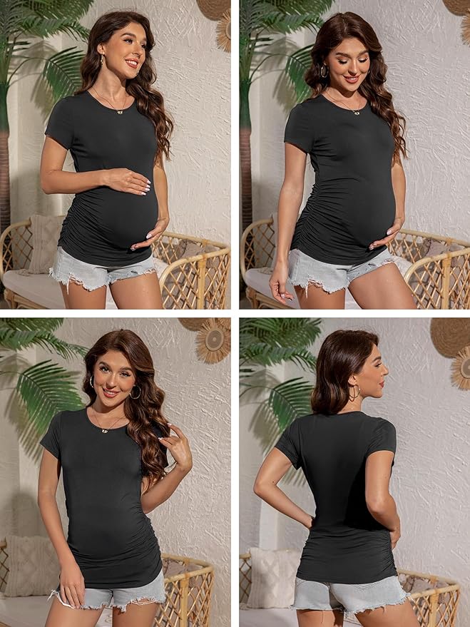 3 Pack Womens Maternity Shirts - Crew Neck Maternity Top Short Sleeve Pregnancy Tee Shirts