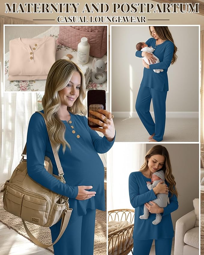 2 Piece Thermal Maternity Lounge Set Postpartum Pregnancy Fleece Loungewear Long Sleeve Top and Wide Leg Pant