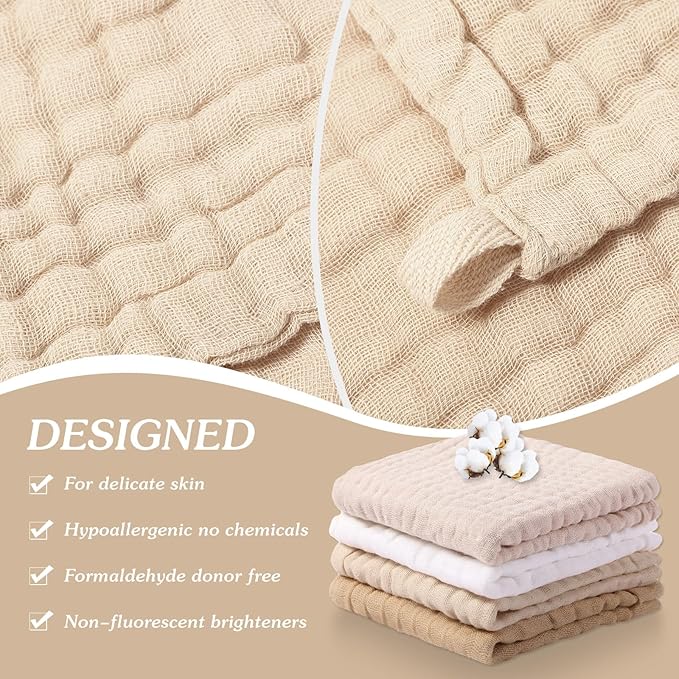 8 Pcs Baby Washcloths for Newborn 12 x 12 Inch Muslin Face Towels Cotton Absorbent for Delicate Skin Soft Muslin Cloth Reusable Baby Registry as Shower Gift, 4 Colors (Light Color)