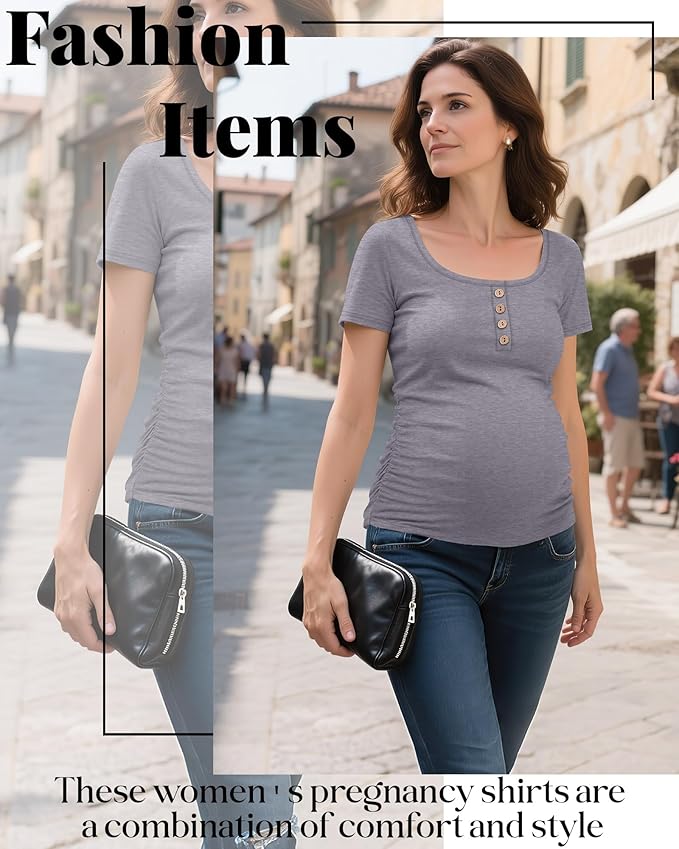 Riyiper 4 Pack Women's Maternity Shirts, Henley Scoop Neck Pregnancy Tee Tops Short Sleeve Side Ruched Mama Clothes