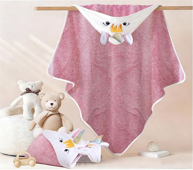 Super Soft Baby Hooded Towel, Cute Animal Bath Towels Ultra Absorbent 34x34 Inch for Newborn Infant,Toddler, (Unicorn) (Pink)