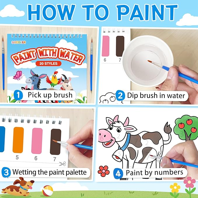 SOCOLER Paint with Water Coloring Books for Toddlers,Mess Free Watercolor Painting Papers for Kids Water Color Paint Kit Art Craft Birthday Gift for Ages 1-3, 4-8(Farm)