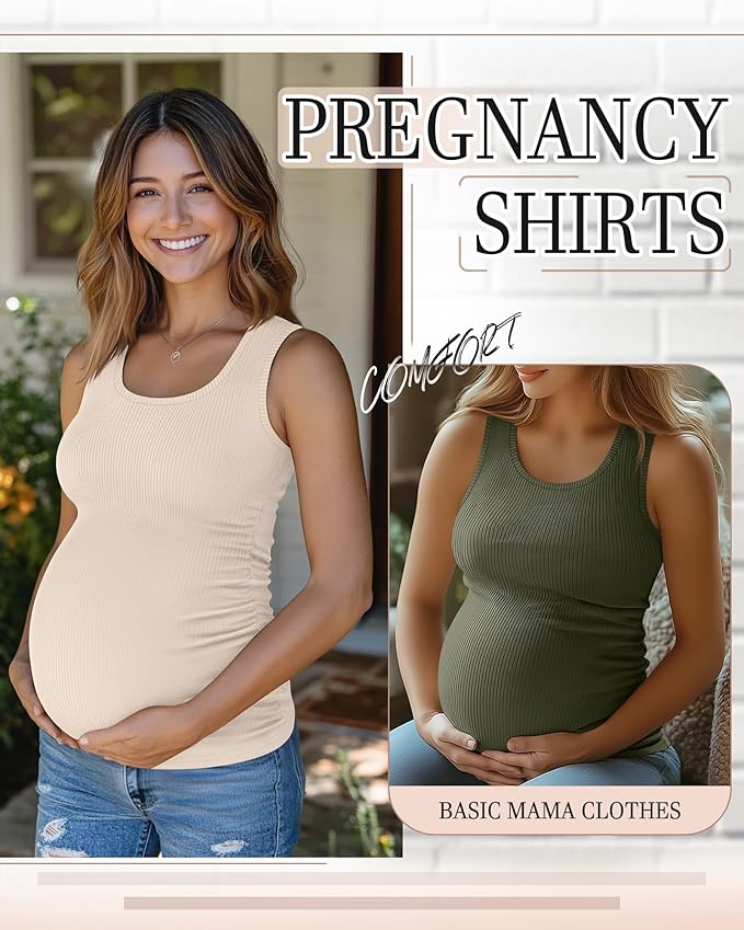Riyiper 3 Pack Women's Maternity Tank Tops, Sleeveless Cotton Pregnancy Shirts Ribbed Knit Sides Ruched Basic Mama Clothes