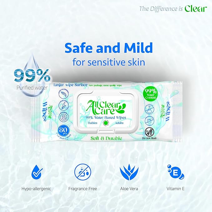 All Clear Care Baby Wipes, Bulk Unscented 24PK (1920 Wipes), 99% Water for Sensitive Skin, Large Soft Durable, Gentle & Hypoallergenic for Babies & Adults, Vitamin E and Aloe, Flip Top Lid