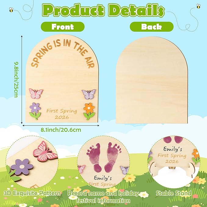 R HORSE 3D Baby's First Spring DIY Footprint or Handprint Art Sign, Spring is in The Air Wooden Hanging Decoration, Newborn Keepsake Craft Gift for Unisex Baby 1st Birthday Baby Shower Photo Prop