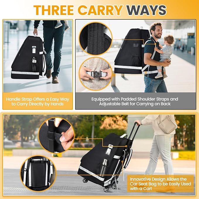 Orzbow Padded Car Seat Travel Bag for Airplane, Carseat Backpack Bags with Reflective Stripes, Infant Seat Travel Bag with Shoulder & Waist Strap, Car Seats Carrier for Airport Gate Check, Black