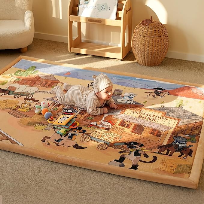 1.5" Thick Educational Baby Floor Play Mat 59x79, Flannel Padded Memory Foam Kids Mat, Non-Slip Plush Playmat for Nursery Playroom Classroom (Western Cowboy)