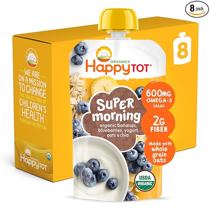 HAPPYTOT Organics Stage 4 Baby Food Pouches, Gluten Free, Super Morning Fruit & Oat Blend, Bananas, Blueberries, Yogurt, Oats & Chia, 4 Oz (Pack of 8)