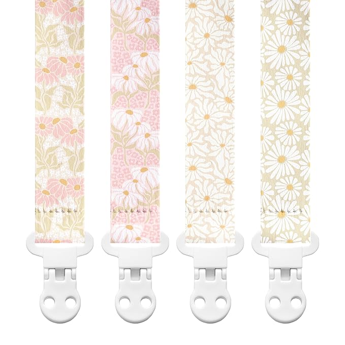 Stadela Baby Fabric Pacifier Clip Holder, Plastic Clip, 4‑Pack, Flowers Pattern, Poloma Set