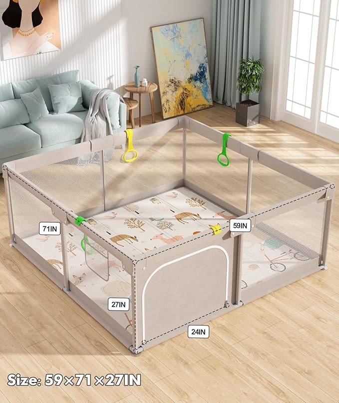 Mloong Baby Playpen with Mat, 59x71 in Extra Large Playpen for Babies and Toddlers, Indoor & Outdoor Activity Center, Safety Baby Fence with Door, Play Pen, Play Yards