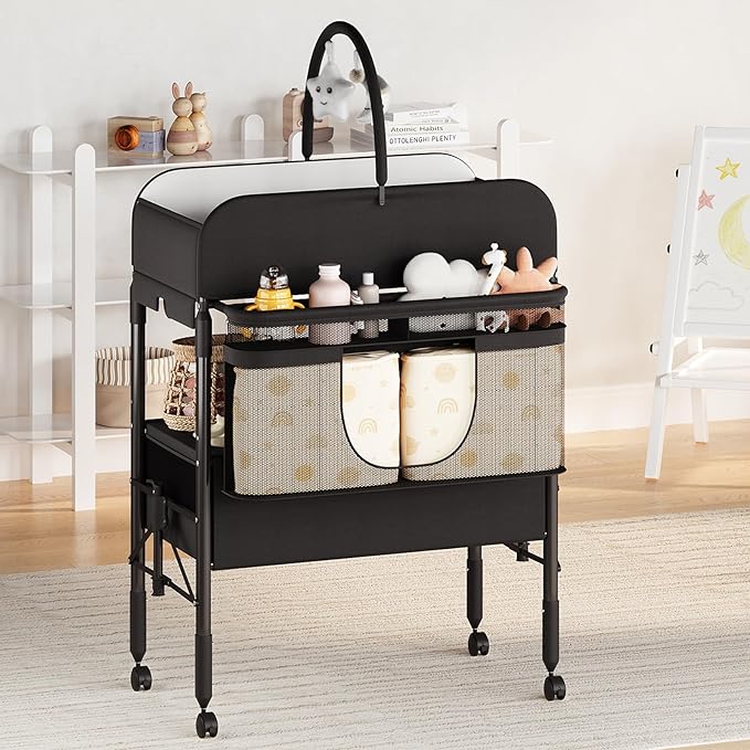 Adjustable Height Baby Changing Table with Wheels, Collapsible Diaper Station with 2 Drawers & Storage, Mobile Nursery Organizer with Waterproof Top for Newborns (Black)