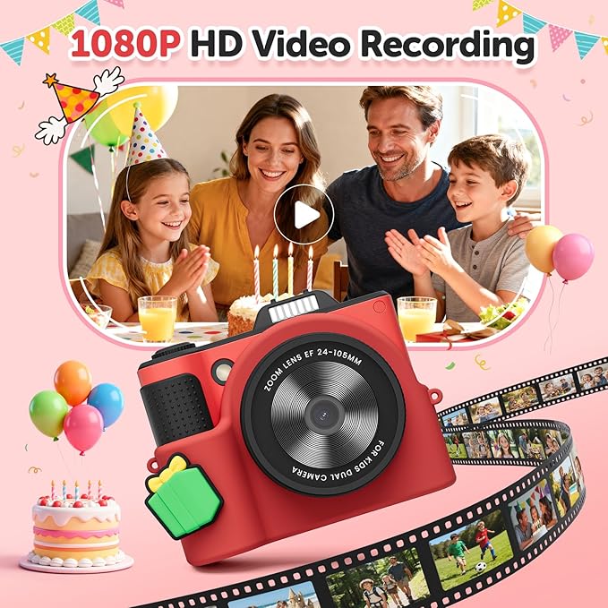 Kids Camera, Christmas Birthday Gifts for Boys Girls Age 3-12,Upgrade HD Flip Digital Video Cameras for Kids, Portable Toys for 3 4 5 6 7 8 9 10 Year Old Childrens with 32GB SD Card-Red