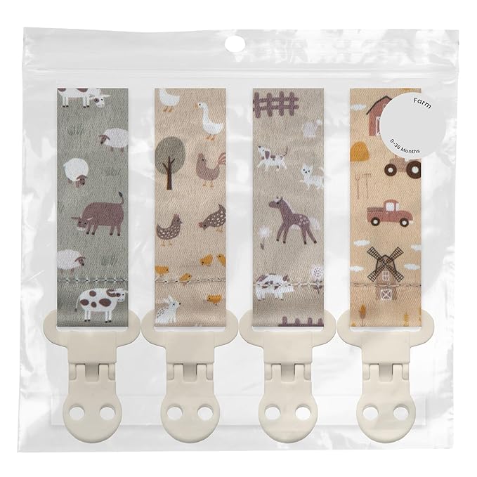 Stadela Baby Pacifier Clip Holder - Girl or Boy Unisex 4 Pack Gift Set – Farm Animals Barn and Tractors Neutral