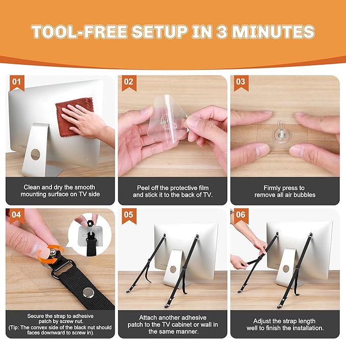2 Pack Adjustable TV Safety Straps for Flat Screen, No-Drill Adhesive Anti-Tip TV Furniture Anchors for Baby Proofing, Premium TV Stabilizer Earthquake Straps for Furniture, Cabinet, Bookshelf