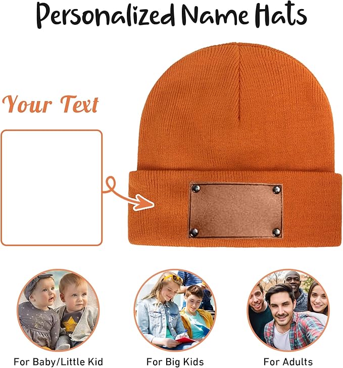 Personalized Name Baby Beanie Hat Leather Patch - Apricot Beanies Knit Hat Birthday Gifts for Kids Toddler to Adults