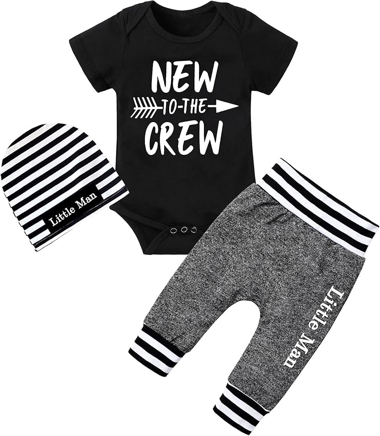 Fommy Newborn Baby Boy Clothes New to The Crew Letter Print Romper+ Pants+Hat 3PCS Outfit