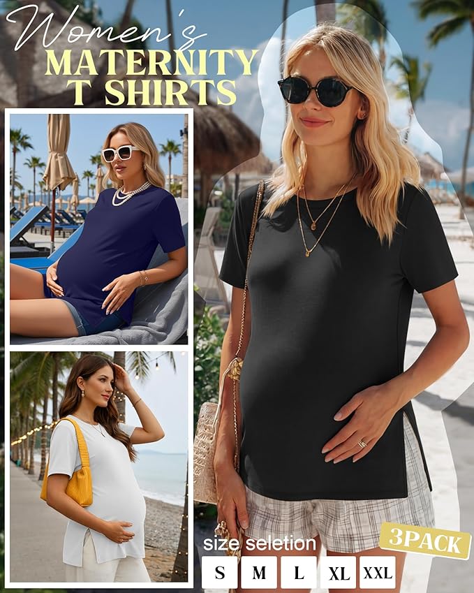 Ficerd 3 Pack Women's Maternity T Shirts, Short Sleeve Side Split Pregnancy Tops Casual Crew Neck Pregnant Tees Mama Clothes