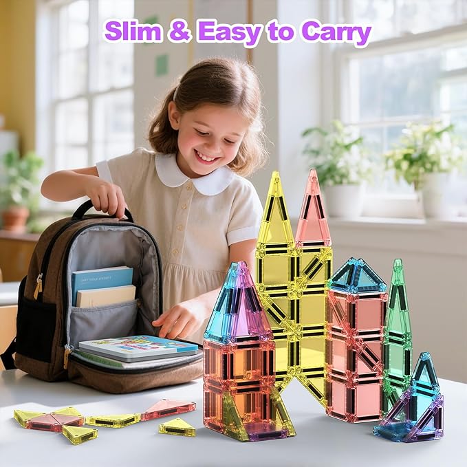 46PCS Mini Magnetic Tiles, for Kids, Portable Magnetic Toys Travel Set with Iron Case for Kids Ages 4-8,Creativity Boosting Building Toys Set,Toddler Puzzle for Boys and Girls Ages 3+