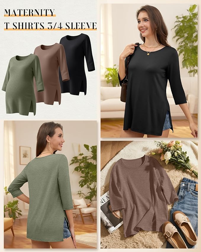 3 Pack Women's 3/4 Sleeve Maternity Shirts Elbow Length Clothes Round Neck Tunics Pregnancy Loose Side Split Tops