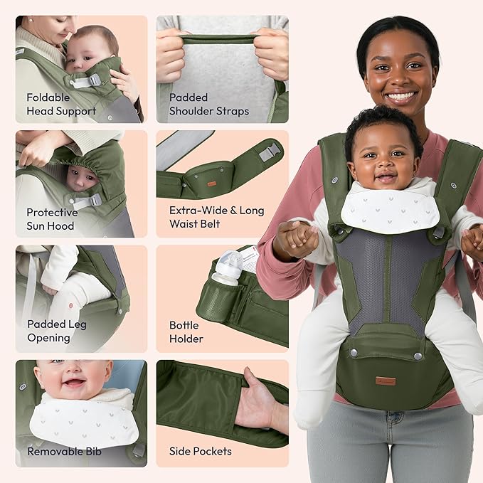 BabbleRoo Grow Carrier – Safety-Certified 6-in-1 Baby Carrier with Hip Seat, Ergonomic & Adjustable Toddler Carrier 7-50 lbs with Hip Support, Hood for Sun Protection, Newborn to Toddler,Seaweed Green