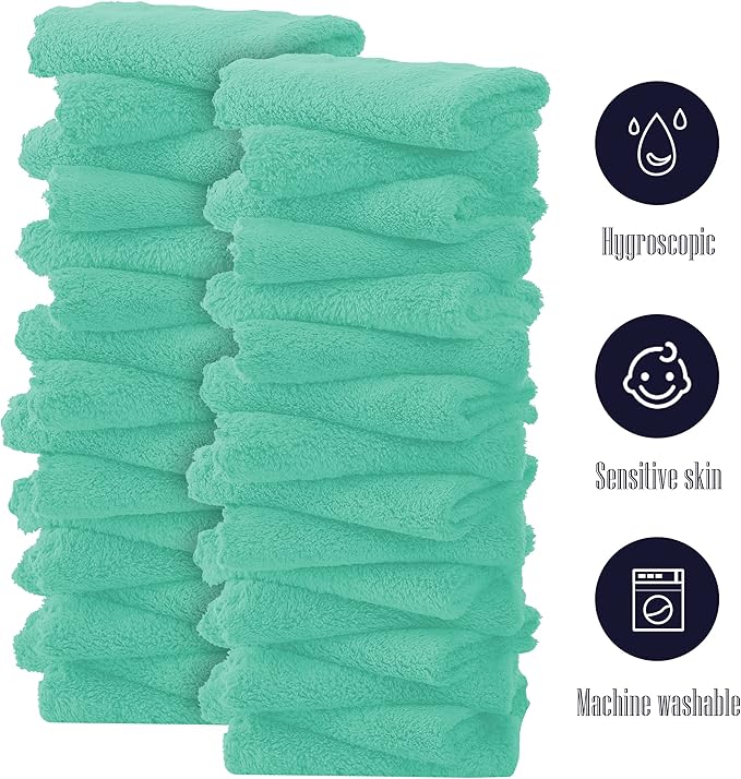 32 Pack Baby Washcloths - 10x10 Inch, Coral Fleece - Extra Absorbent and Soft Wash Clothes for Newborns, Infants and Toddlers - Suitable for Sensitive Skin and New Born - Baby Shower - Aqua Green
