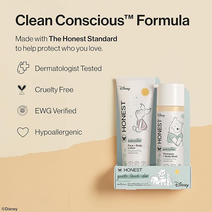 The Honest Company 2-in-1 Cleansing Shampoo and Body Wash, Face Lotion Bundle, Disney Design, Gentle for Baby, Dermatologist Tested, Sensitive Fragrance-Free, 18.5 fl oz