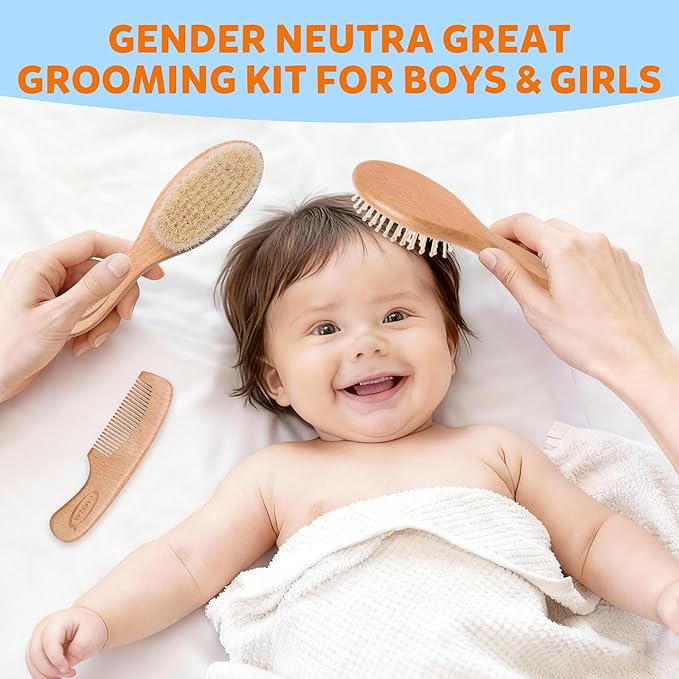 Baby Hair Brush & Comb Set, Organic Wooden Hairbrush Natural Goat Bristles 3-Piece for Newborns & Toddlers, Ideal for Cradle Cap & Itching, Perfect Shower and Registry Gift for Infant, Toddler, Kids