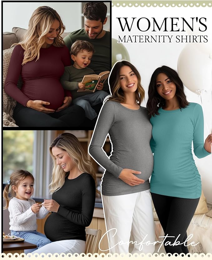 Ficerd 4 Pack Women's Maternity Shirts Cotton Long Sleeve Ribbed Crew Neck Pregnancy Tops Side Ruched Casual Mama Clothes