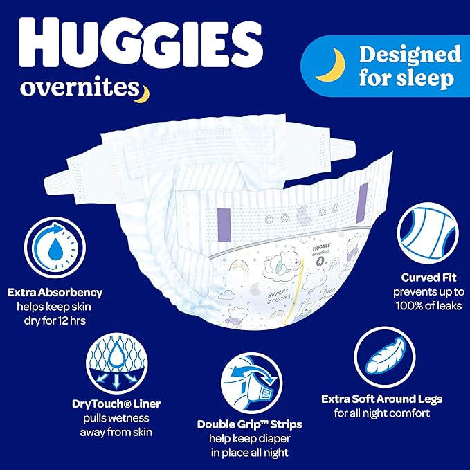 Overnight Diapers Size 5 (27+ lbs), 44 Ct, Huggies Overnites Nighttime Baby Diapers