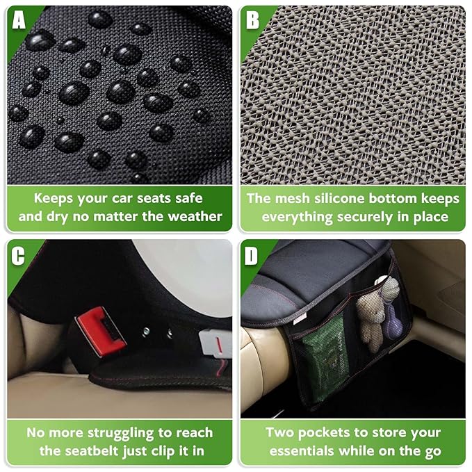 Siivton Kids Booster Seat Protector Mat, Thick, Anti-Slip, Waterproof, with Mesh Pockets for Toys & Snacks, Fits Most Cars, Black - 2 Pack