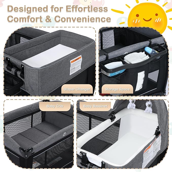 4 in 1 Multifunctional Pack and Play, Foldable Baby Playards with Changing Table & Breathable Mesh, Baby Playpen for Babies and Toddlers, Black
