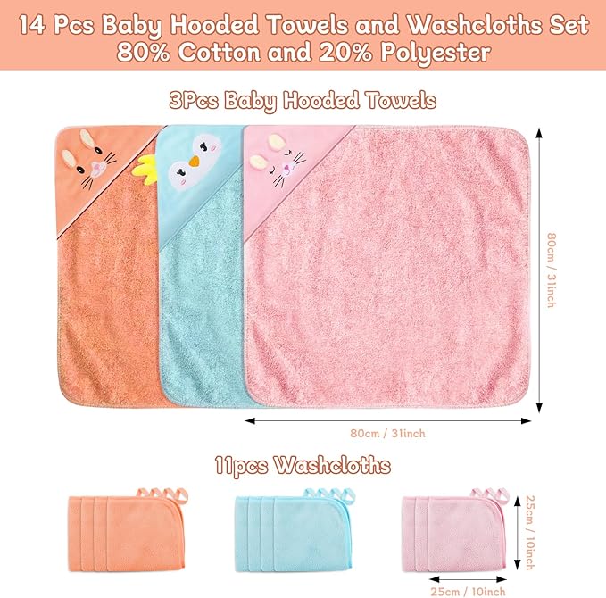14 PCS Baby Towels, 3 PCS Soft Hooded Baby Towels & 11 PCS Washcloths, Baby Bath Towels for Newborns, Infants & Toddlers, Ultra Absorbent, Cute Baby Towel Gift for Girls