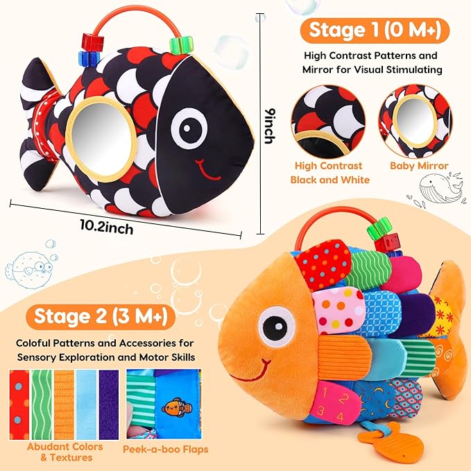 Baby Sensory Tummy Time Toys 0-6 Months Music Fish Toy for Infant 3 4 5 6 Month High Contrast Newborn Toy with Mirror Crinkle Rattle for 3-6 6-12 Month Baby Boy Girl Shower Gift Easter Basket Stuffers
