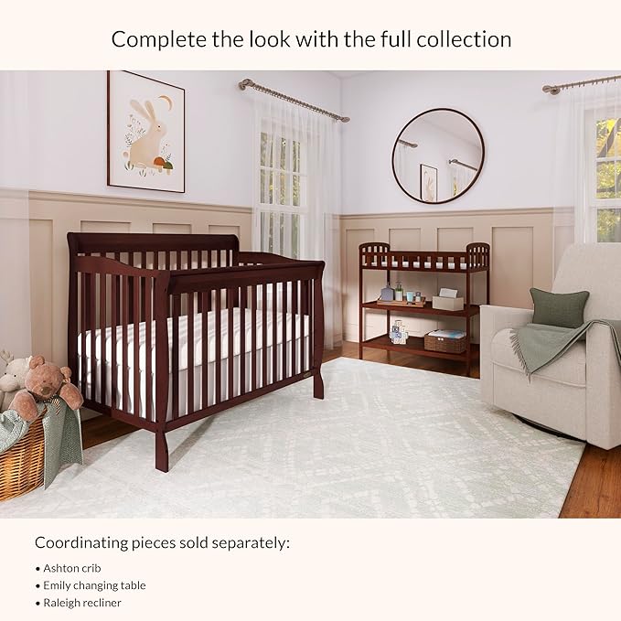 Dream On Me Emily Changing Table, Compact and Lightweight, Solid New Zealand Pinewood, Elevated Safety Rails, Two Storage Shelves, Includes Water-Resistant 1" Changing Pad — Cherry