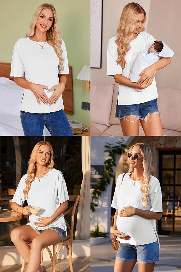 Ekouaer Maternity Shirts 3 Packs Short Sleeve Womens Oversized Pregnancy Tops Split Side Postpartum Blouse Clothes S-XXL