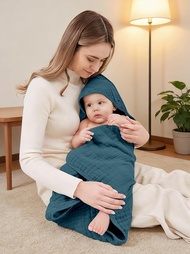 Muslin Hooded Baby Bath Towels - 3 Pack 100% Cotton Ultra-Soft Towels for Newborns, Infants, Toddlers - 32x32 Inch - Highly Absorbent, Quick-Dry Essentials for Bath, Beach, Pool, Grey Blue Series