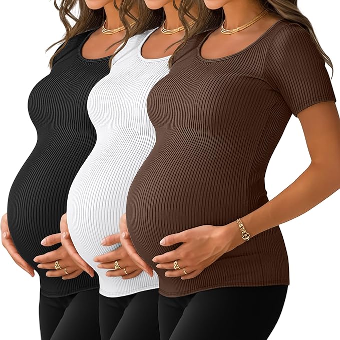 Neer 3 Pack Women's Ribbed Maternity Tops Pregnancy Round Neck Shirts Short Sleeve Soft Maternity Clothes for Mama