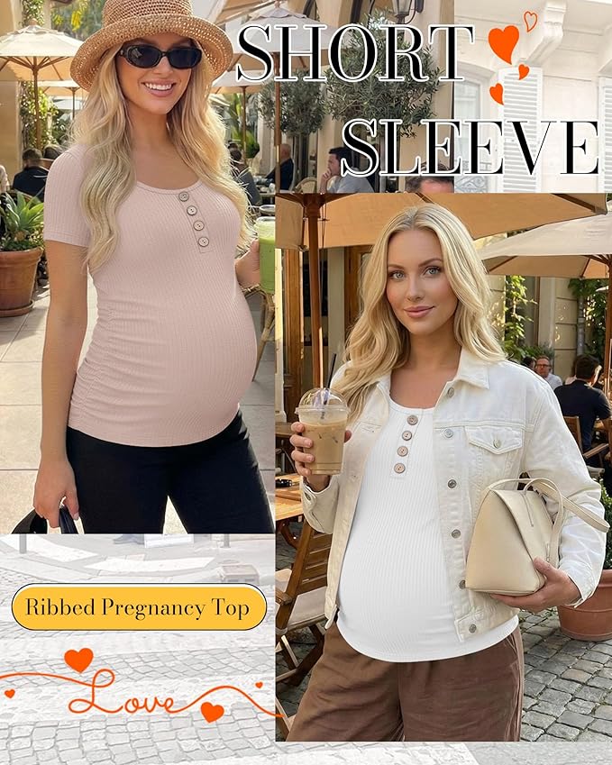 4 Pack Womens Maternity Shirts Scoop Neck Cotton Short Sleeve Ribbed Pregnancy Top Henley Side Ruched Mama Clothes