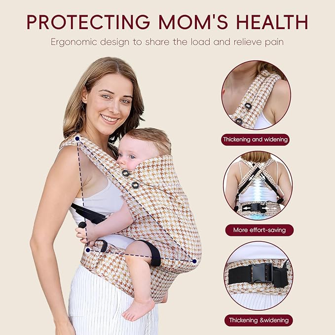 FRUITEAM Baby Carrier, Toddler Carrier with Adjustable Seat Size, Comfortable & Ergonomic Baby Carrier Newborn (7-25 LBS), Easy to Wear, Travel and Hiking Friendly (Brown Houndstooth)