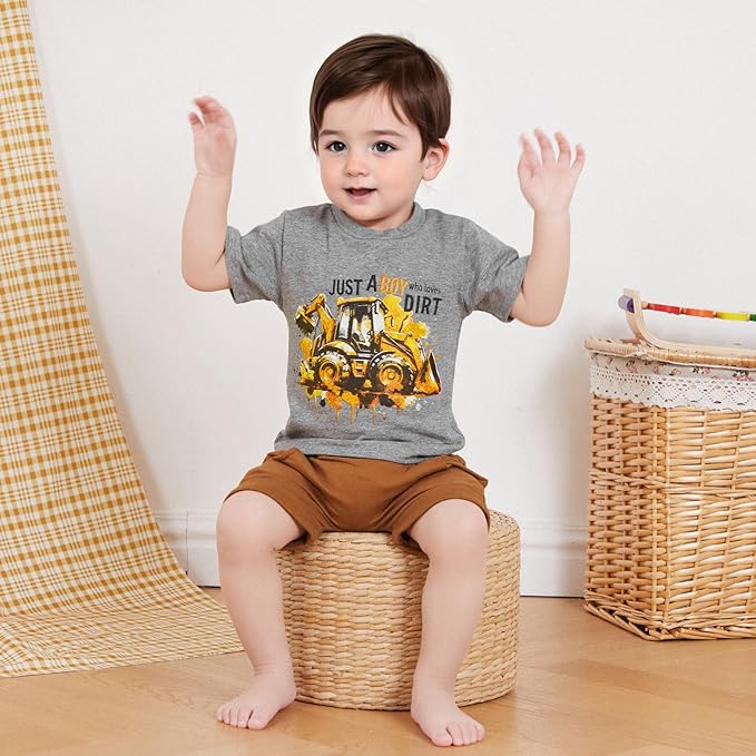 Toddler Baby Boy Clothes Summer Short Sleeve Trucks Tractors Print T-Shirt Tops Solid Color Shorts Set Casual Outfit