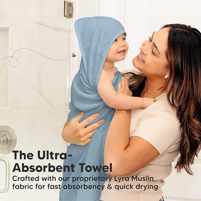 KeaBabies Muslin Hooded Baby Towels for Newborn Girls, Boys - 2-Pack, 30x30 Organic Cotton Baby Bath Towels Hooded, Soft Absorbent, Toddlers, Kids, Infant, Newborn Bath Essentials (Steel, Petite)