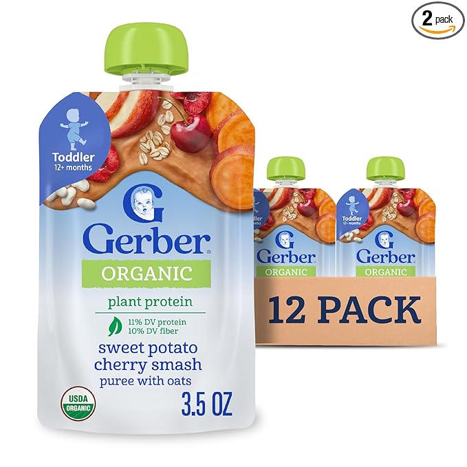 Gerber Toddler Food, Organic Sweet Potato Cherry Smash Puree Pouch, Toddler Pouches, No Added Sweetener, No Artificial Flavors, 12-Pack