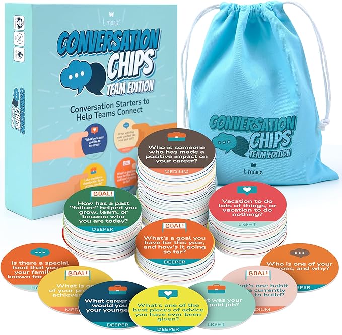 T MARIE Conversation Chips Team Building Game - Fun Ice Breaker for Work - Conversation Starters and Team Building Activity - 200 Prompts to Foster Team Bonding and to Get to Know Your Coworkers