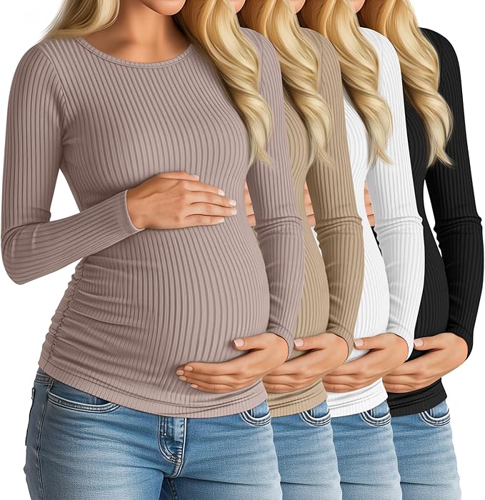 Huukeay 4 Pack Women's Maternity Shirts, Long Sleeve Cotton Ribbed Pregnancy Tops Side Ruched Crew Neck Casual Mama Clothes