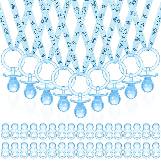 74 Pieces Baby Shower Pacifiers 24 Necklace Acrylic Plastic Pacifiers Baby Shower Game 50 Mini Plastic Charm Bulk for Party Decorations Games Table Scatter(Blue)