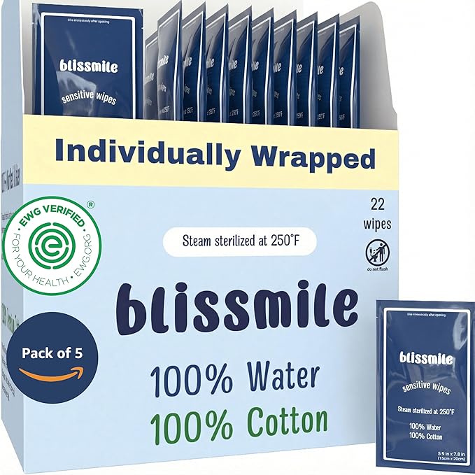 blissmile 100% Water & Cotton Wet Wipes Travel Size - Individually Wrapped - Fragrance & Preservative-Free for Baby, Women & Sensitive Skin - Gentle Hand, Face, Body & Feminine Care - 110 Count
