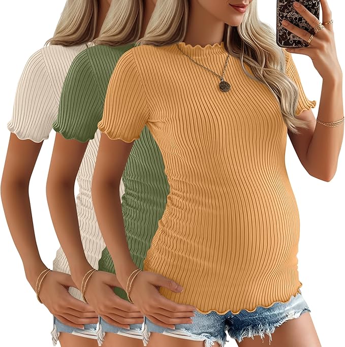 3 Pack Women's Maternity Tops Short Sleeve Ribbed Knit Maternity Shirts Crew Neck Side Ruched Pregnancy Clothes