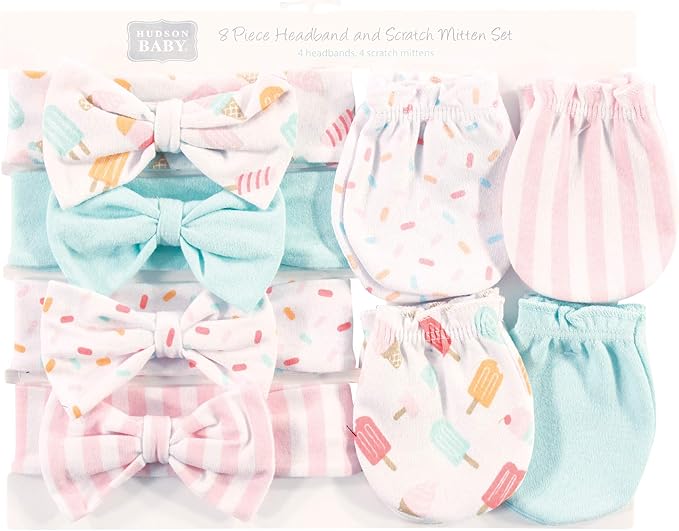 Hudson Baby baby-girls Cotton Headband and Scratch Mitten Set