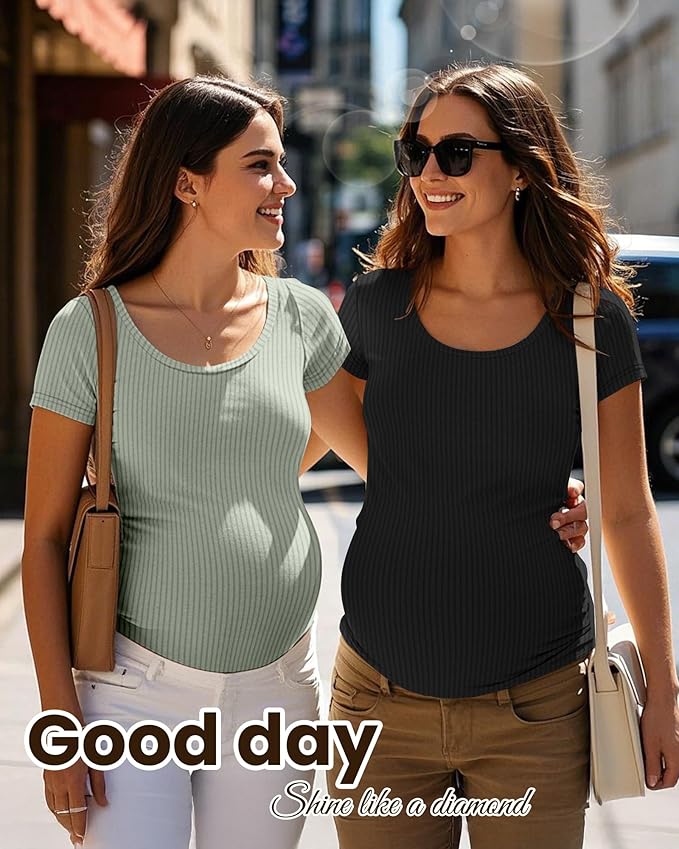 Neer 3 Pack Women's Ribbed Maternity Tops Pregnancy Round Neck Shirts Short Sleeve Soft Maternity Clothes for Mama